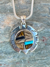 Load image into Gallery viewer, Navajo Rolled Inlay Pendant Necklace with Turquoise, Onyx, Coral, Petrified Wood