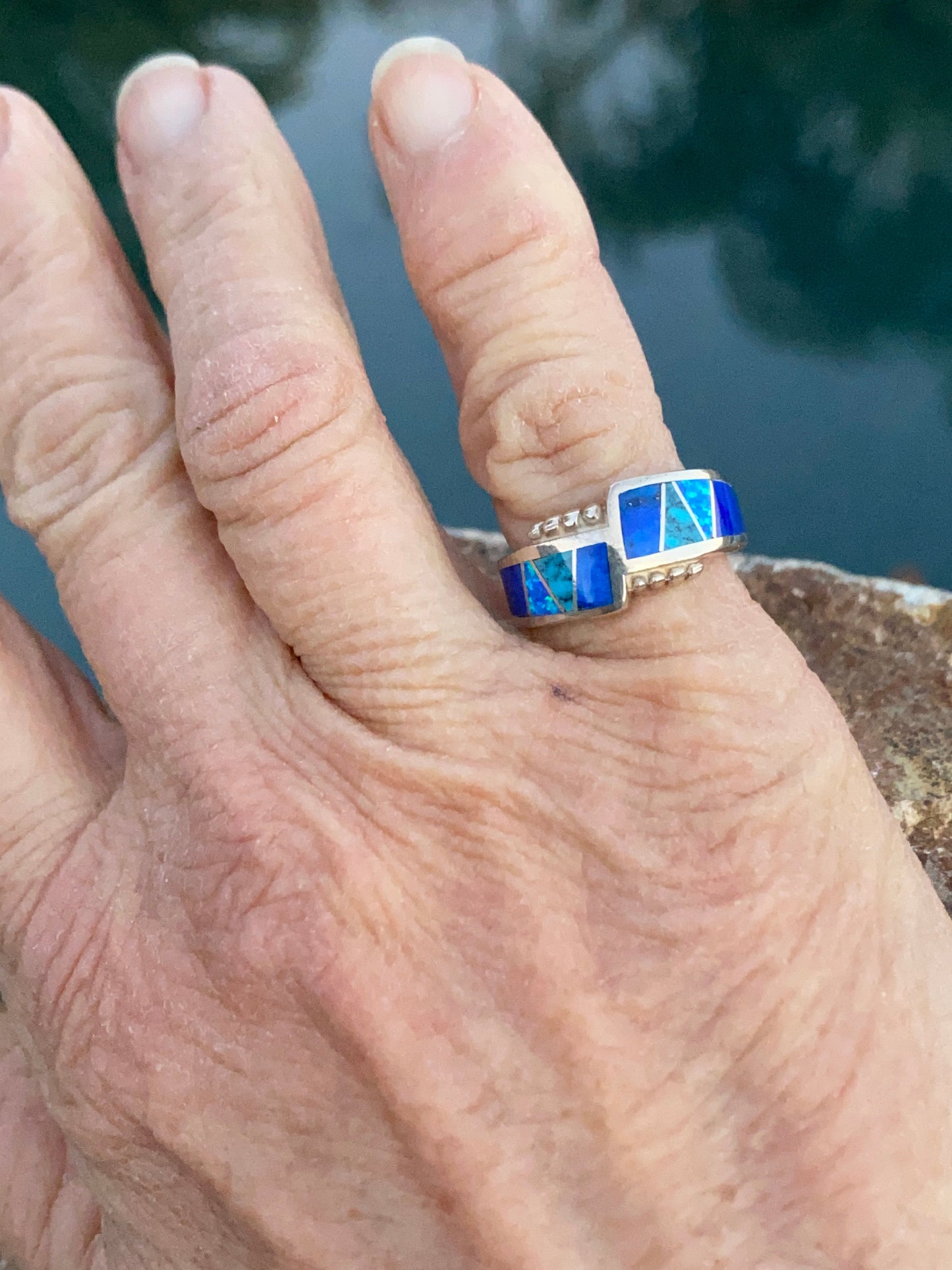 Navajo Lapis, Turquoise, Blue Opal & Sterling Silver Band Ring Sz 5.5