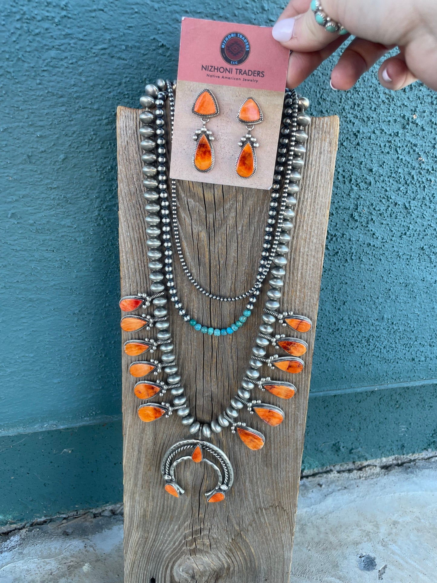 Navajo Orange Spiny And Sterling Silver Necklace Earrings Set By Selena Warner