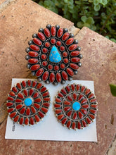 Load image into Gallery viewer, Navajo Natural Turquoise and Coral Cluster Post Earrings