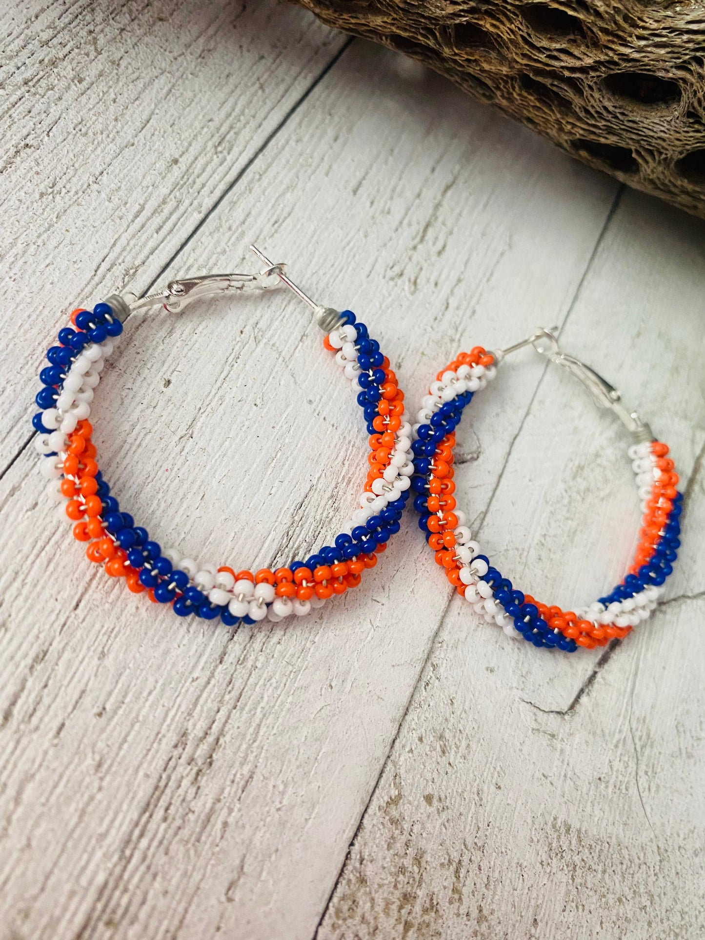 Navajo Handmade Beaded Hoop Earrings- red, white, blue