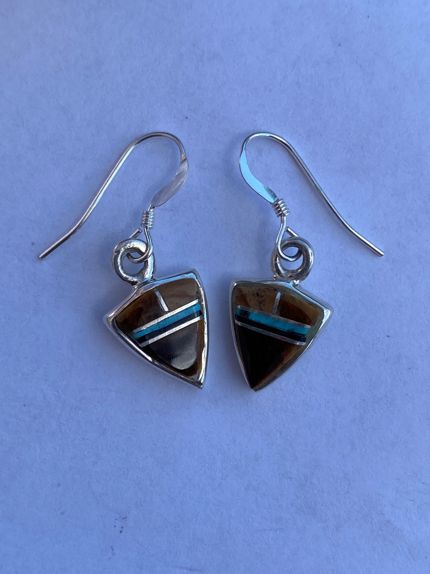 Navajo Turquoise, Onyx, Petrified Wood & Sterling Silver Inlay Petite Triangle Dangle Earrings