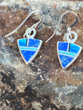 Load image into Gallery viewer, Navajo Lapis, Turquoise, Blue Mini Triangle Dangle Earrings