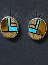 Load image into Gallery viewer, Navajo Turquoise, Onyx, Petrified Wood &amp; Sterling Silver Inlay Small Oval Stud Earrings