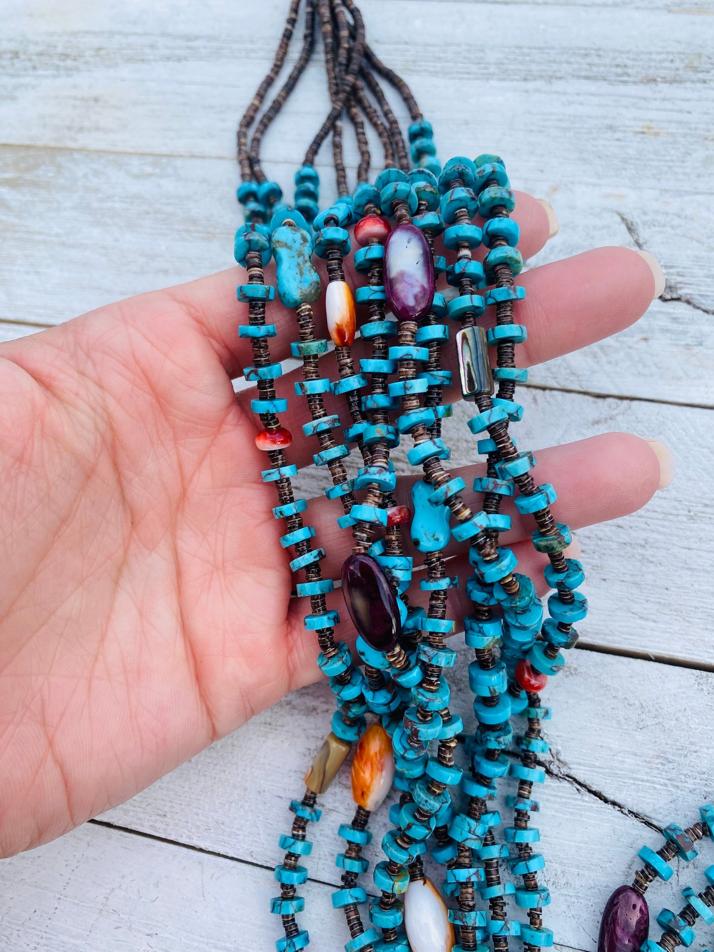 Navajo Turquoise, Spiny, Abalone & Heishi Eight Strand Beaded Necklace