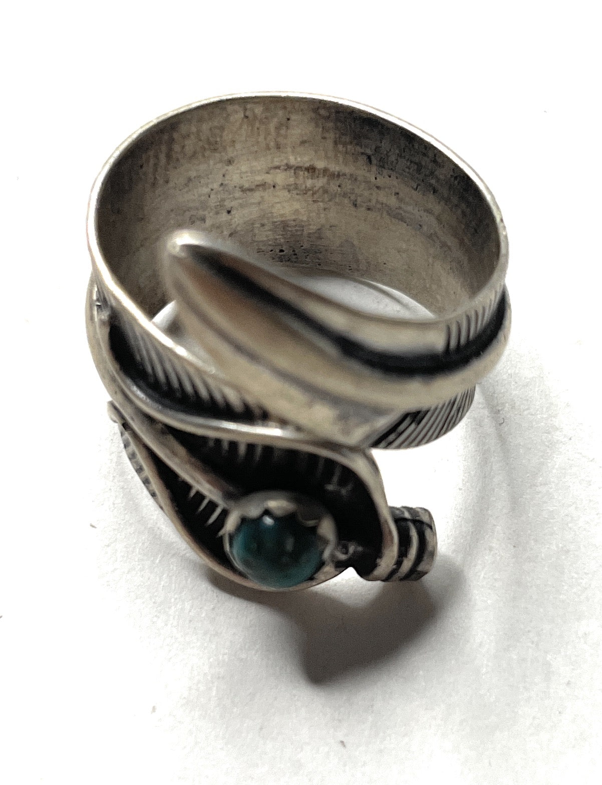 Navajo Sterling Silver And Turquoise Feather Ring Size 5.5