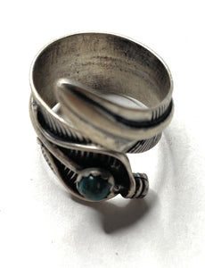 Navajo Sterling Silver And Turquoise Feather Ring Size 5.5