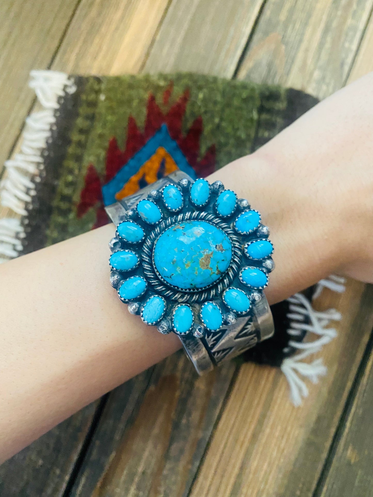 Navajo Kingman Turquoise And Sterling Silver Cluster Cuff Adjustable Bracelet