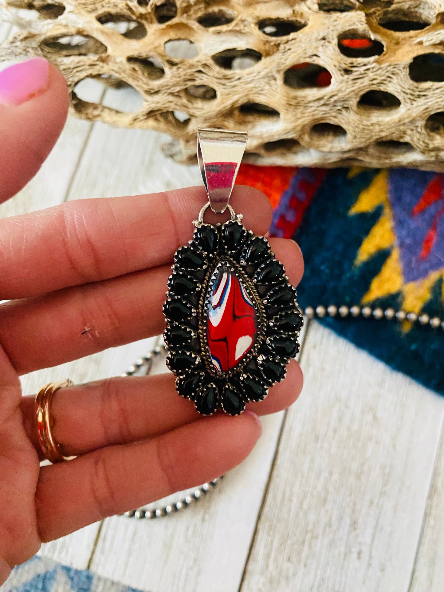 Handmade Sterling Silver, Fordite & Onyx Cluster Pendant