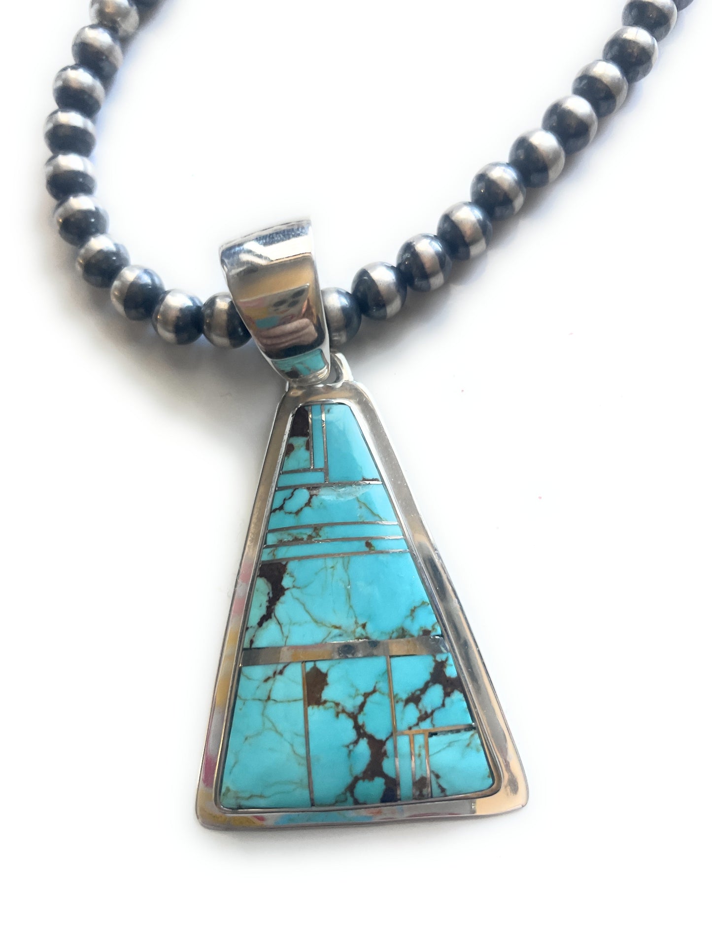 Navajo Number 8 Turquoise Inlay & Sterling Silver Triangle Pendant