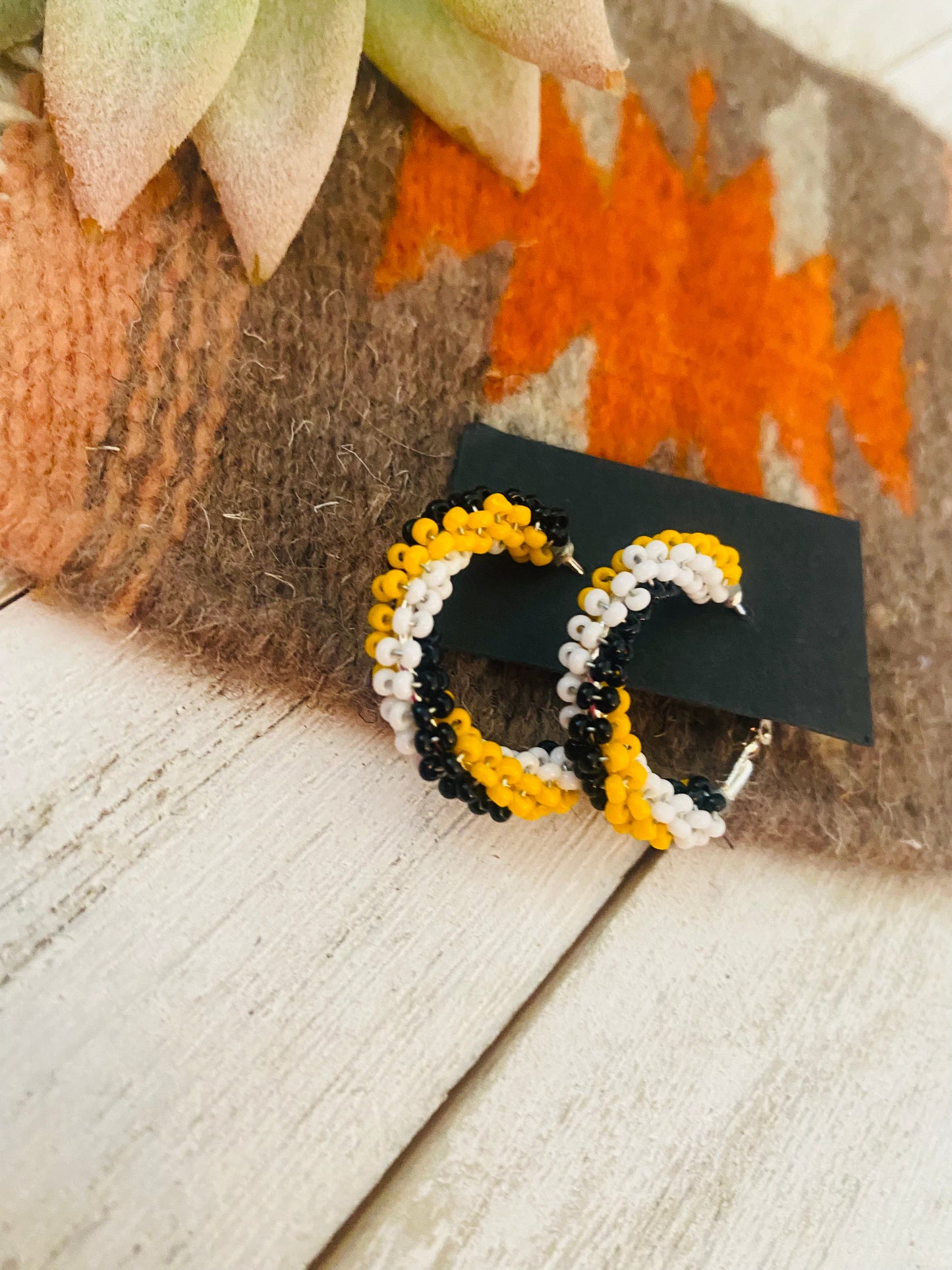 Navajo Handmade Beaded Hoop Earrings- yellow/black