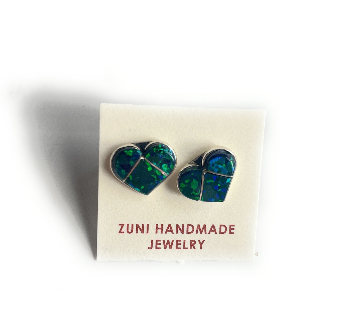 Zuni Sterling Silver & Green Opal Inlay Heart Stud Earrings