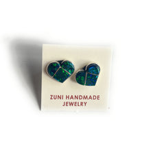 Load image into Gallery viewer, Zuni Sterling Silver &amp; Green Opal Inlay Heart Stud Earrings