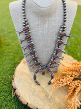 Load image into Gallery viewer, Vintage Navajo Coral &amp; Sterling Silver Squash Blossom Necklace