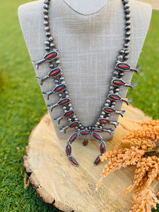 Vintage Navajo Coral & Sterling Silver Squash Blossom Necklace