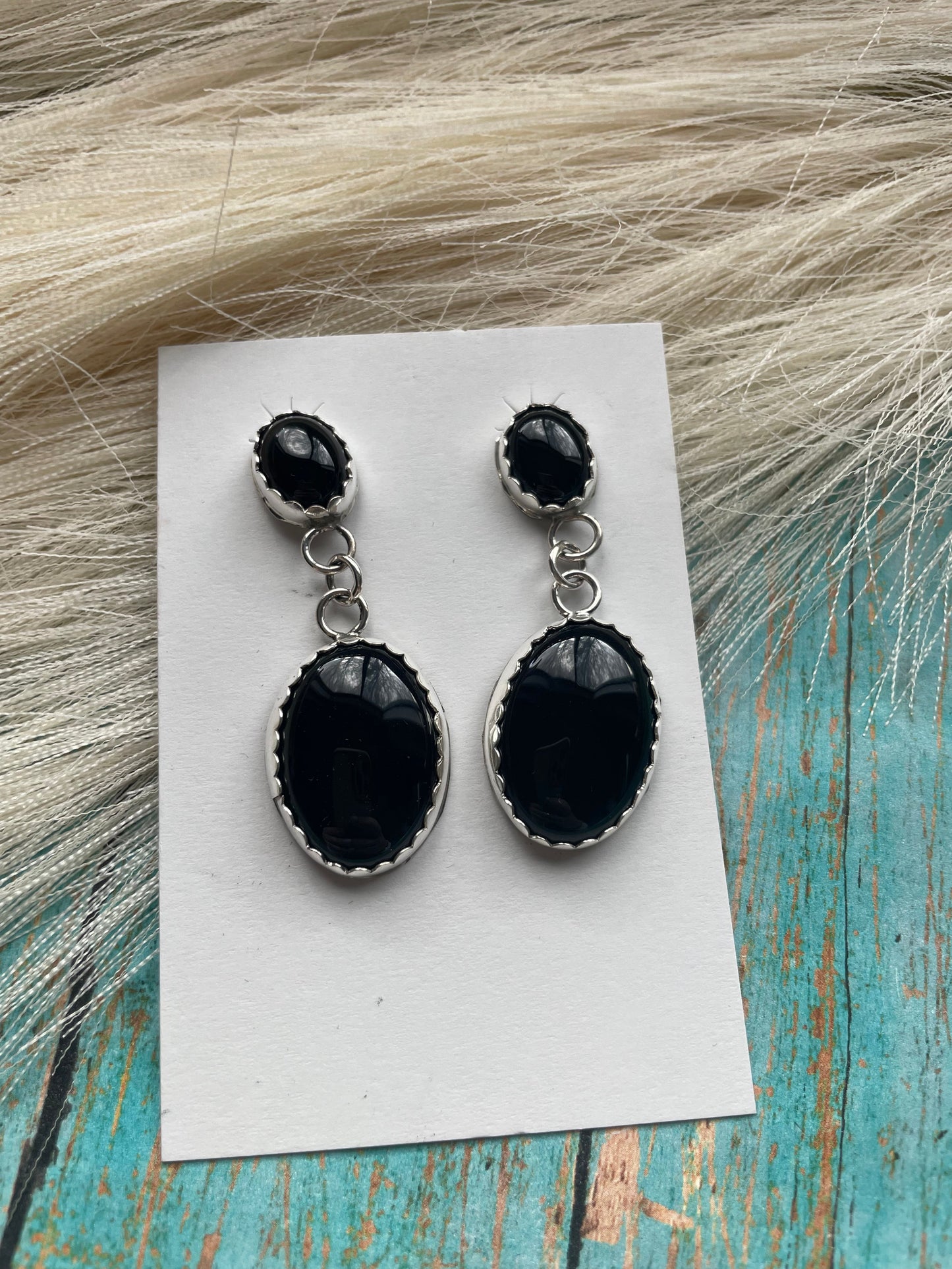 Navajo Sterling Silver & Black Onyx Dangle Earrings