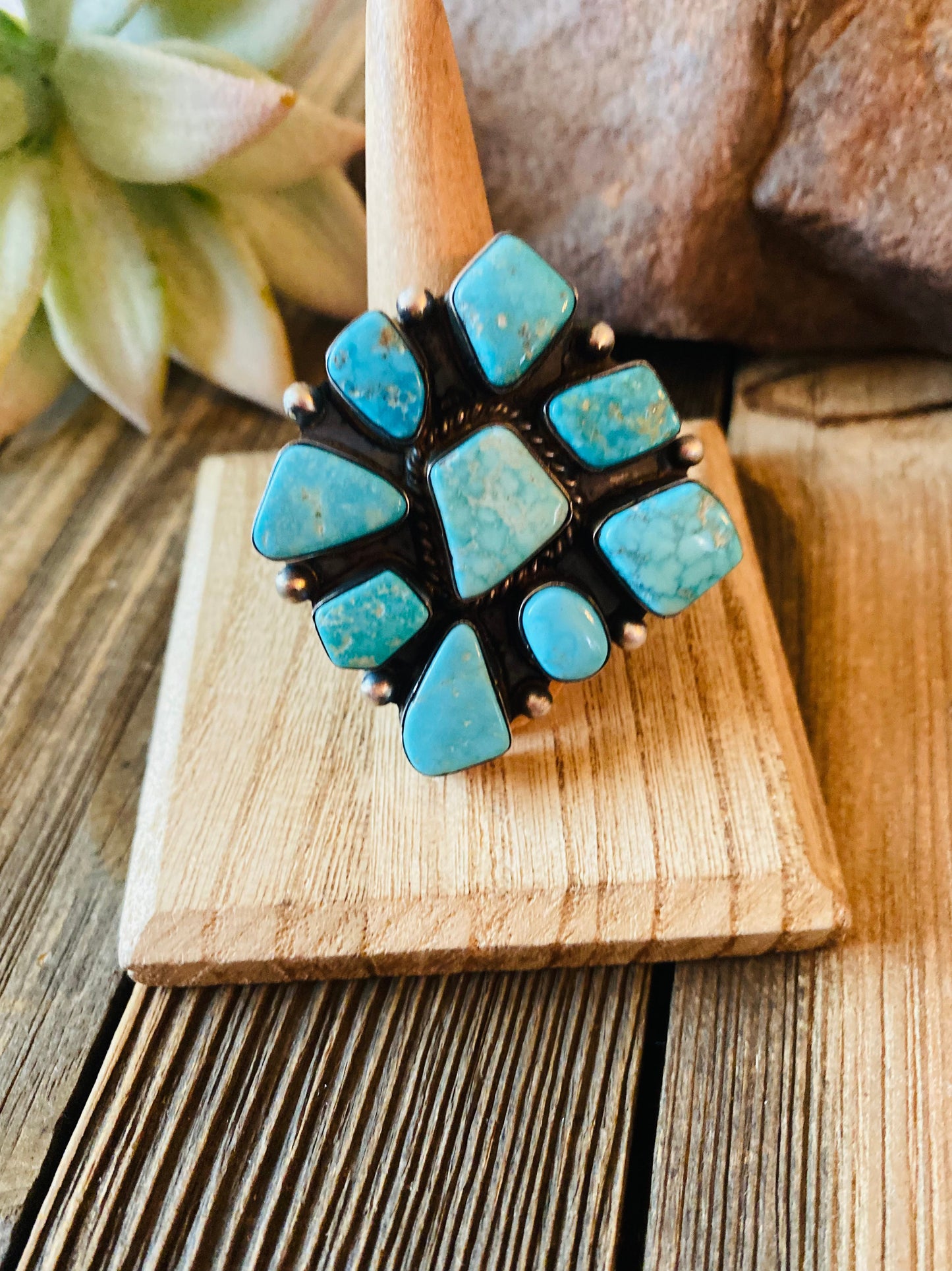 Navajo Kingman Turquoise & Sterling Silver Cluster Ring Size 9