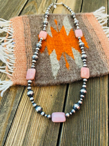 Navajo Sterling Silver Pearl & Pink triangle Opal Beaded Necklace 18 inch