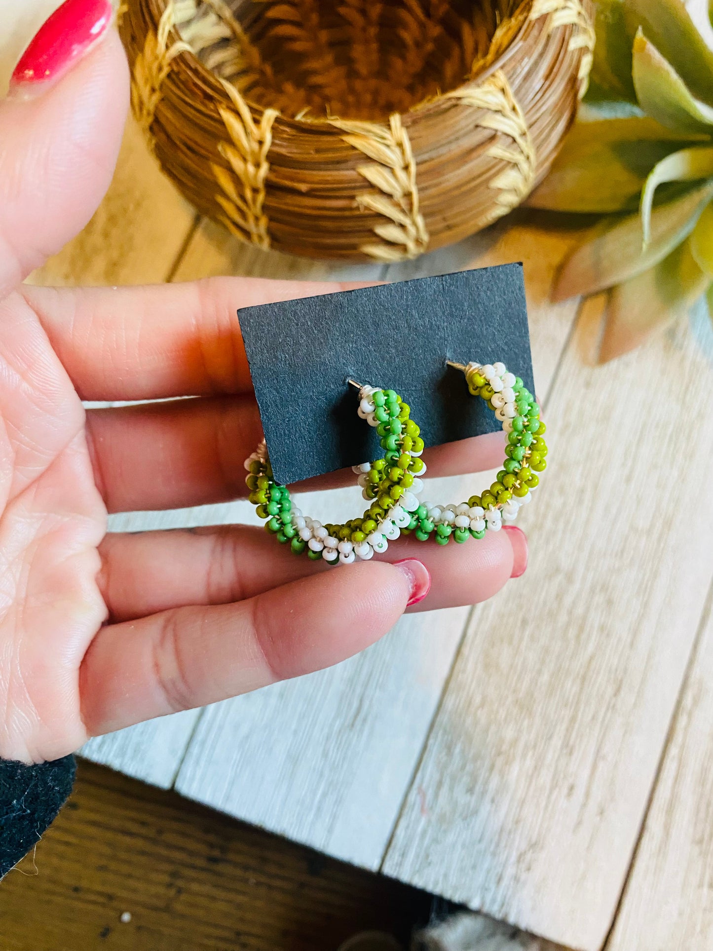 Navajo Handmade Beaded Hoop Earrings- green