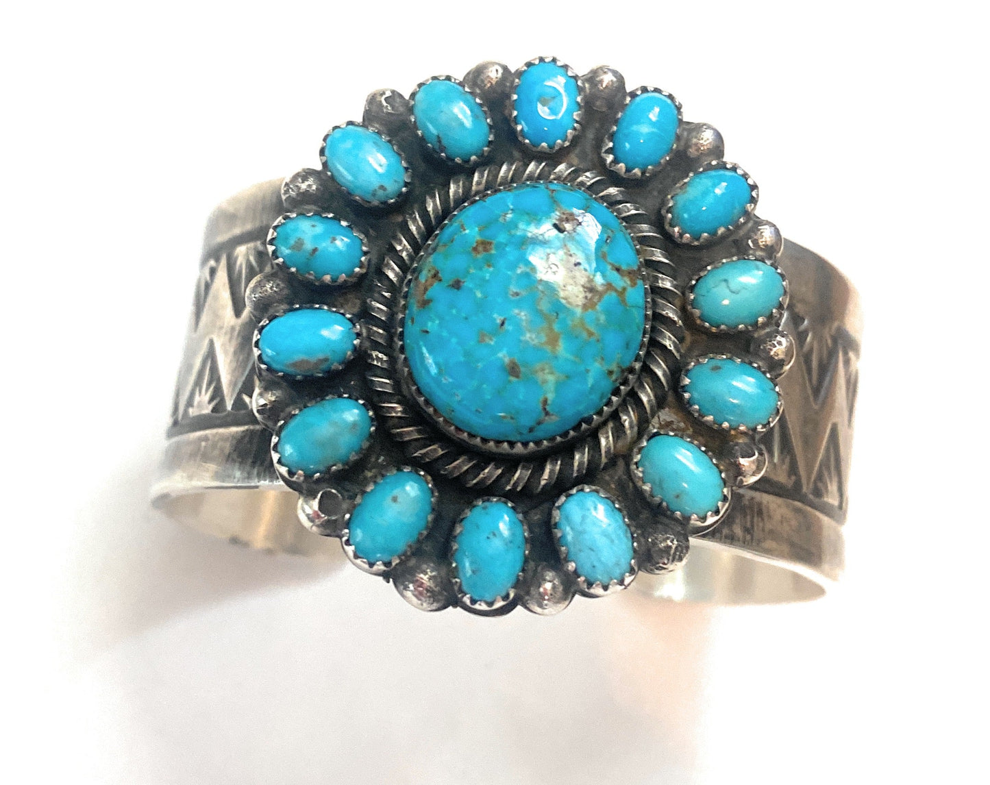 Navajo Kingman Turquoise And Sterling Silver Cluster Cuff Adjustable Bracelet