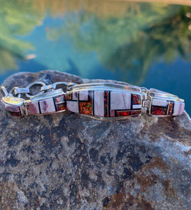 Navajo Onyx, Purple Spiny, Coral & Sterling Silver Inlay Bracelet