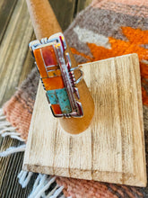 Load image into Gallery viewer, Navajo Sterling Silver, Orange Spiny &amp; Turquoise Inlay Ring Size 6.5