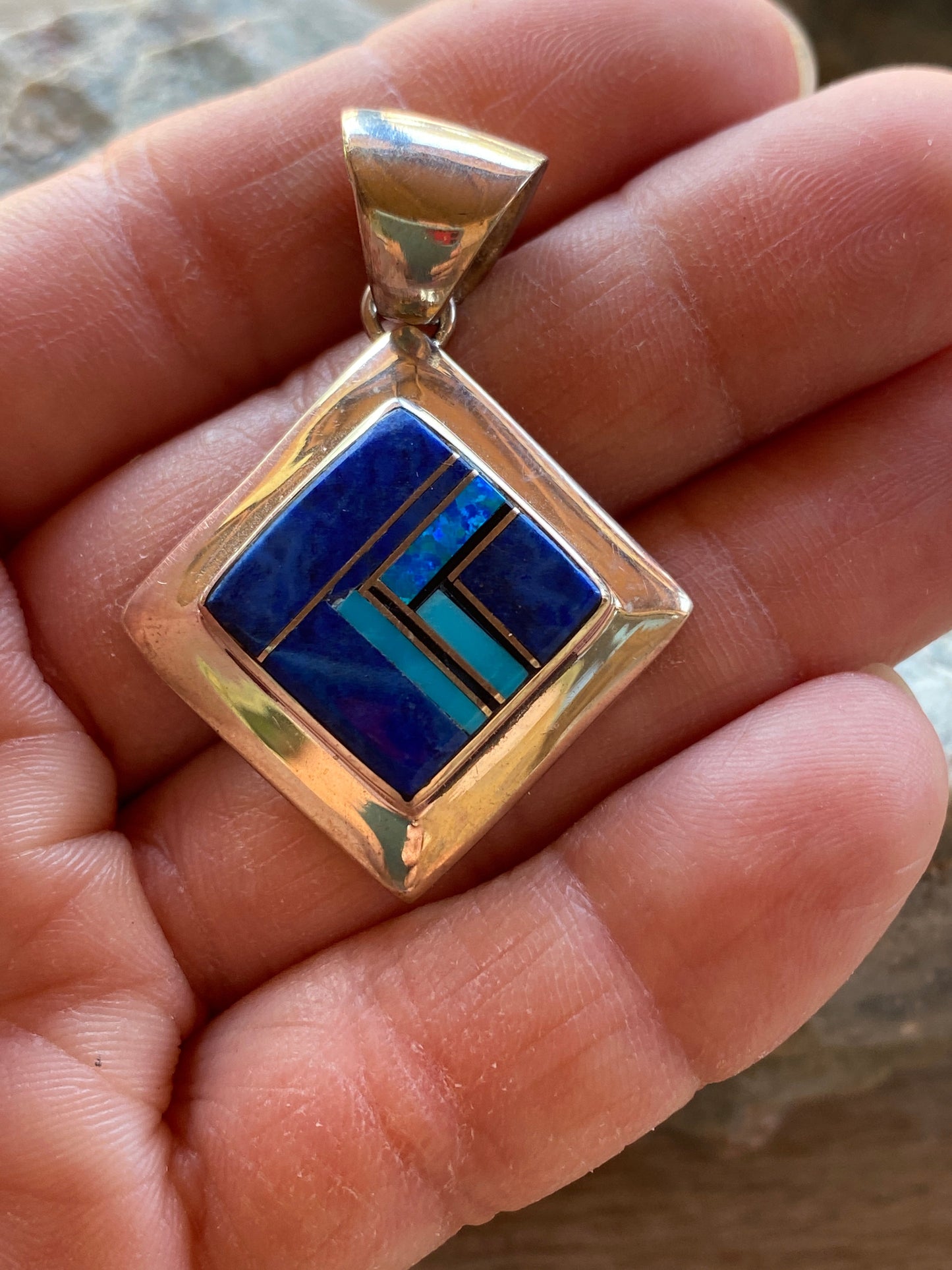 Navajo Lapis, Turquoise, Blue Opal Square Pendant