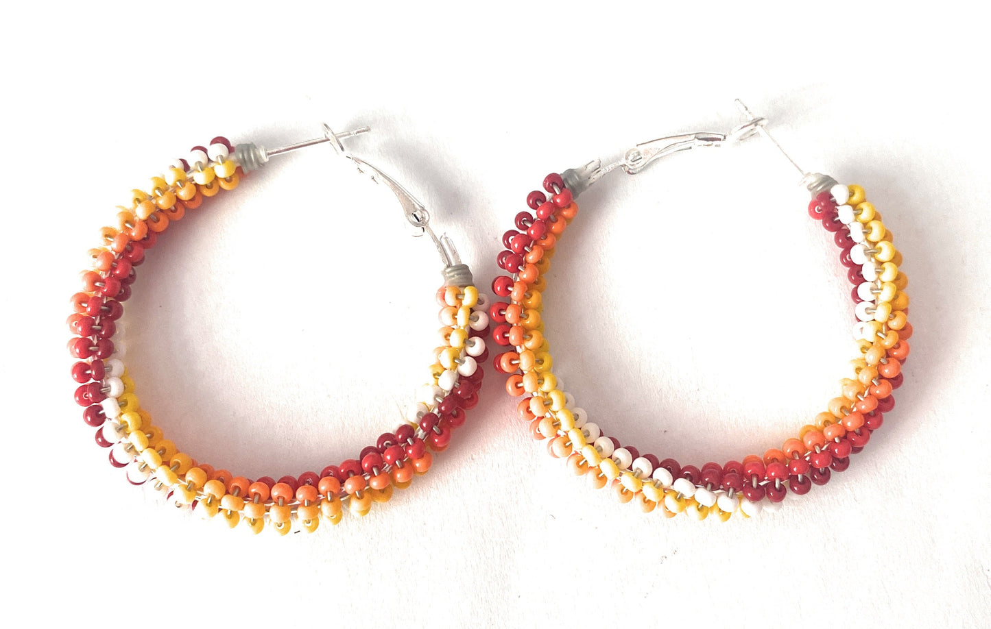 Navajo Handmade Beaded Hoop Earrings- red, yellow, orange