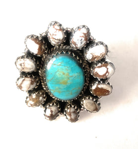 Handmade Sterling Silver, Wild Horse & Turquoise Cluster Adjustable Ring