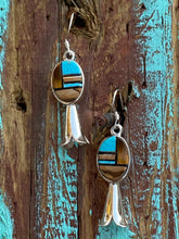 Load image into Gallery viewer, Navajo Turquoise, Onyx, Petrified Wood &amp; Sterling Silver Blossom Dangle Earrings
