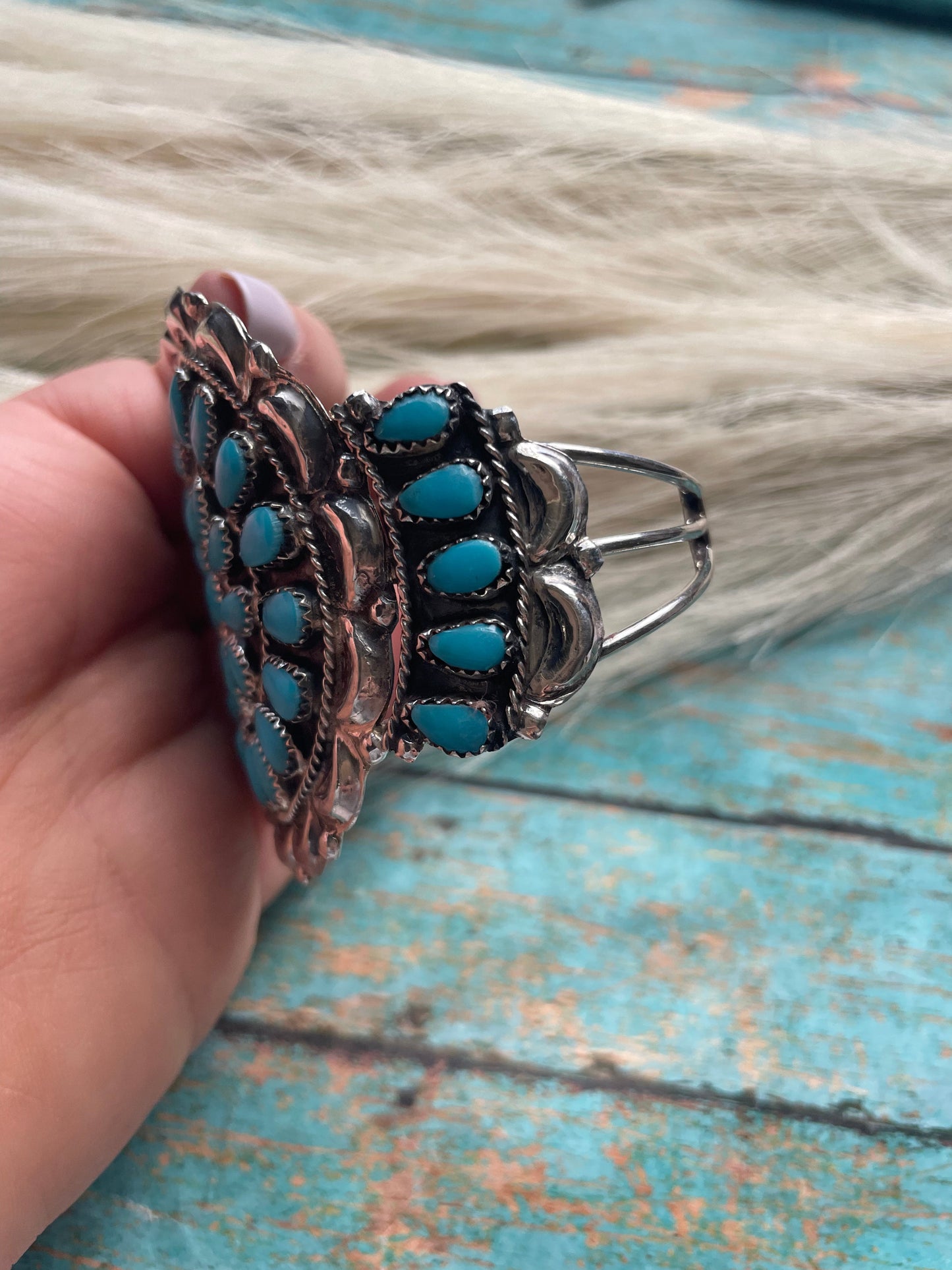 Navajo Sterling Silver & Turquoise Statement Cuff Bracelet Signed