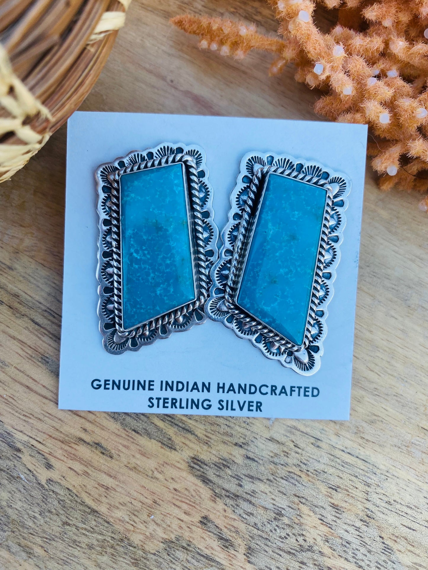 Vintage Navajo Turquoise & Sterling Silver Post Earrings Signed