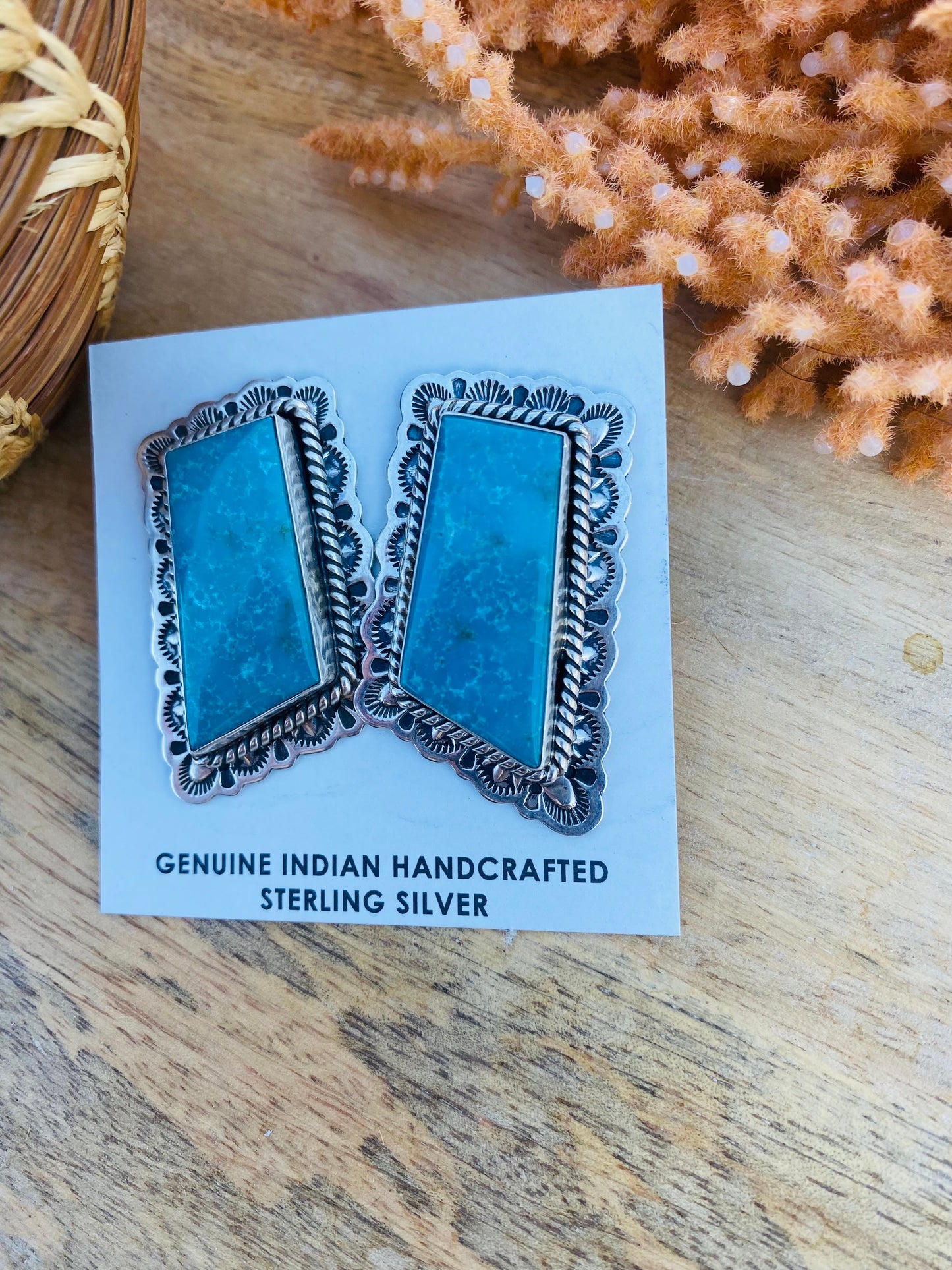 Vintage Navajo Turquoise & Sterling Silver Post Earrings Signed