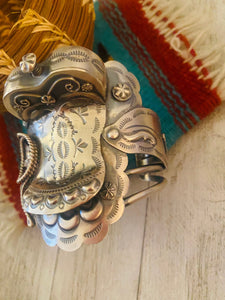 Navajo Hand Stamped Sterling Silver Saddle Cuff Bracelet by Tim Yazzie