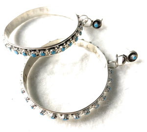 Navajo Sterling Silver And Turquoise Hoop Earrings