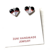 Load image into Gallery viewer, Zuni Sterling Silver, Coral, Onyx, &amp; Mother of Pearl Stud Heart Earrings