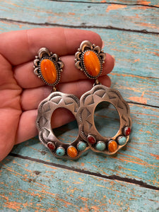 Navajo Sterling Silver Orange Spiny, Turquoise And Coral Concho Dangle Earrings