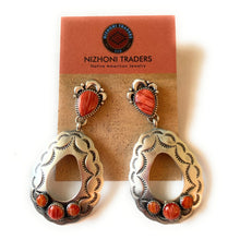 Load image into Gallery viewer, Navajo Sterling Silver &amp; Red Spiny Concho Dangle Earrings