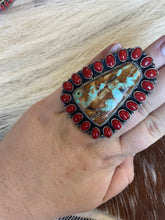 Load image into Gallery viewer, Navajo Number 8 Turquoise, Coral &amp; Sterling Silver Ring Size 6 Signed G James