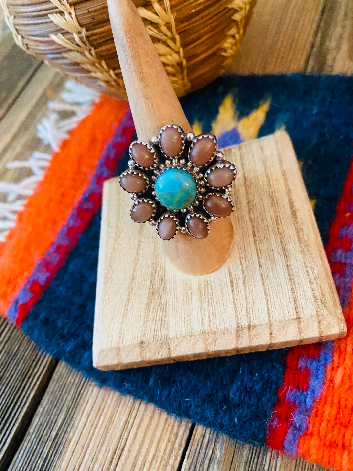Handmade Sterling Silver, Mother of Pearl & Turquoise Cluster Adjustable Ring