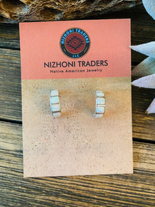 Zuni White Opal & Sterling Silver Inlay Hoop Earrings
