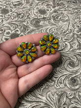 Load image into Gallery viewer, Navajo Sterling Silver &amp; Fire Opal Cluster Post Earrings Signed