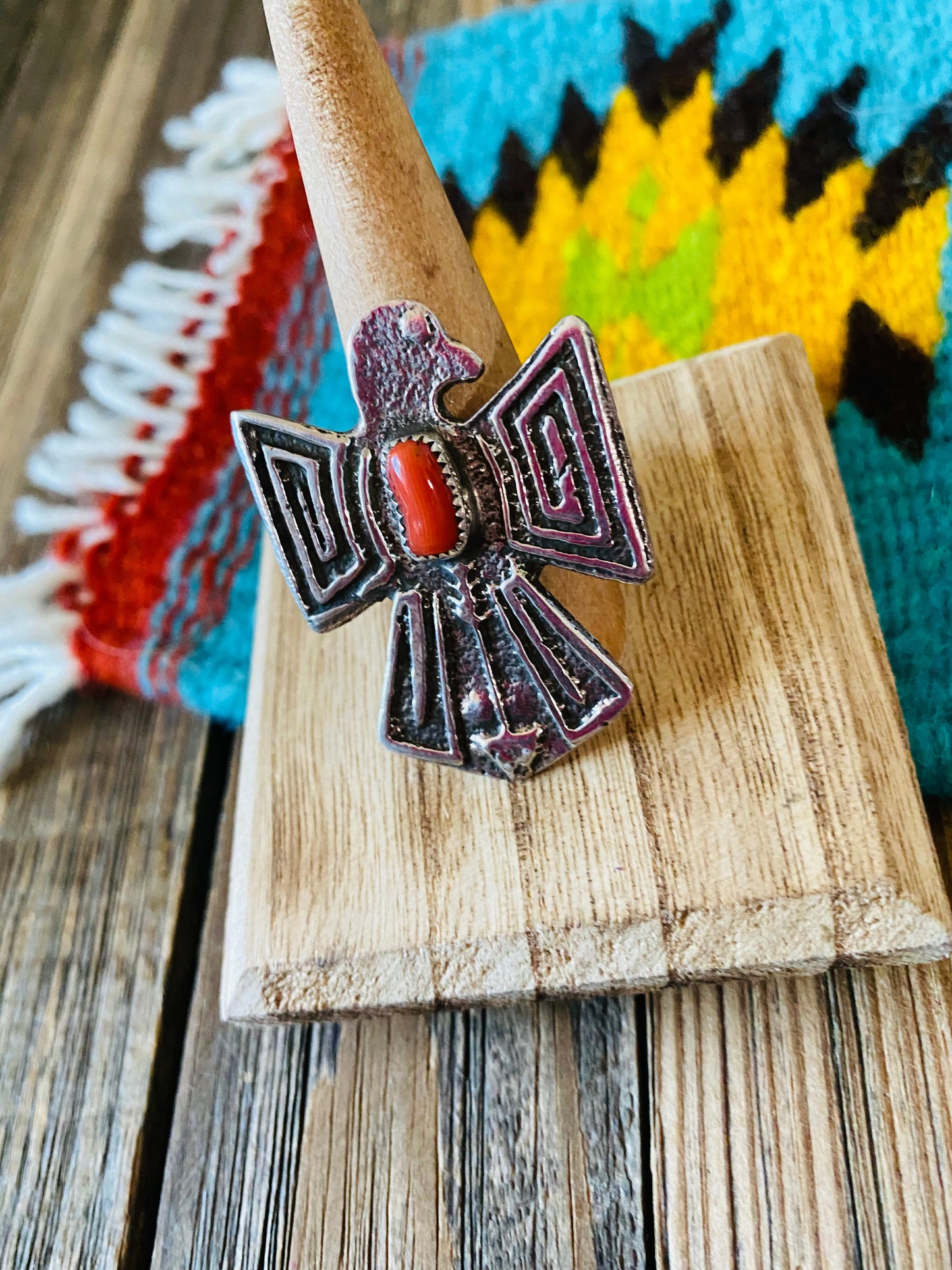 Navajo Sterling Silver & Coral Thunderbird Ring