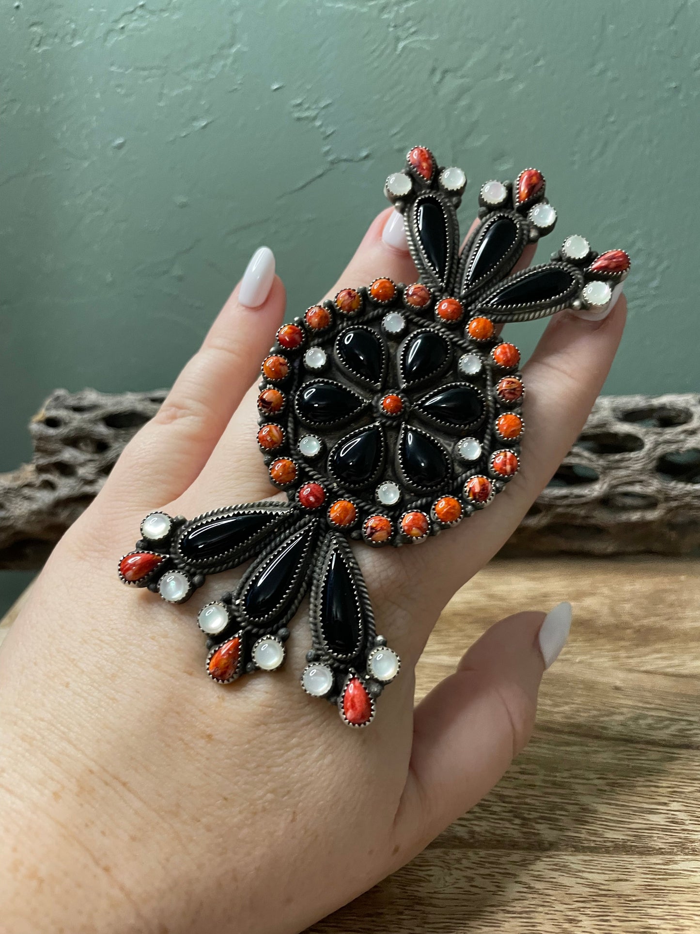 Navajo Sterling Silver Black Onyx And Orange Spiny Statement Ring Size 8 By Devon Brown