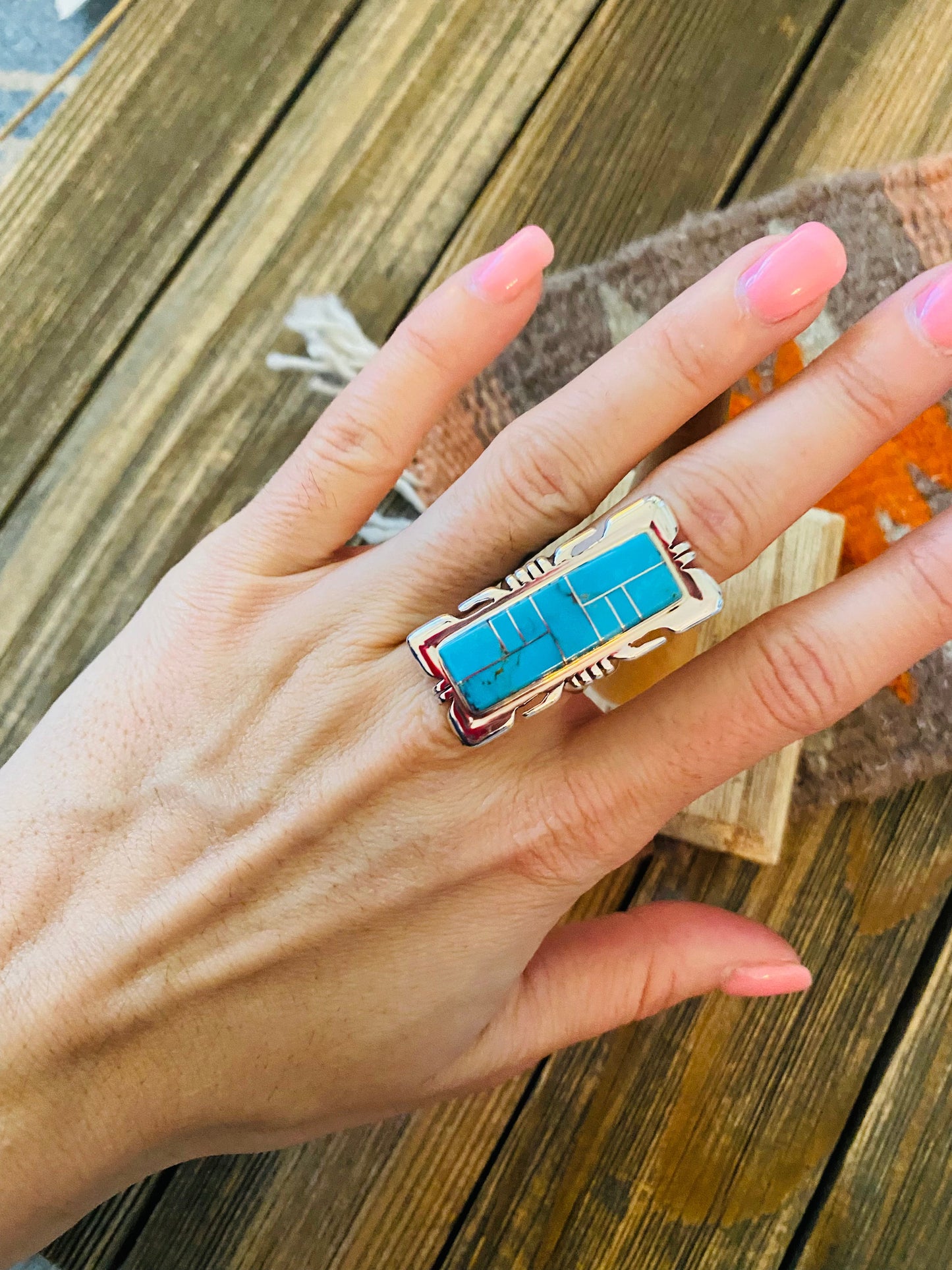 Navajo Sterling Silver & Turquoise Inlay Ring Size 6.5