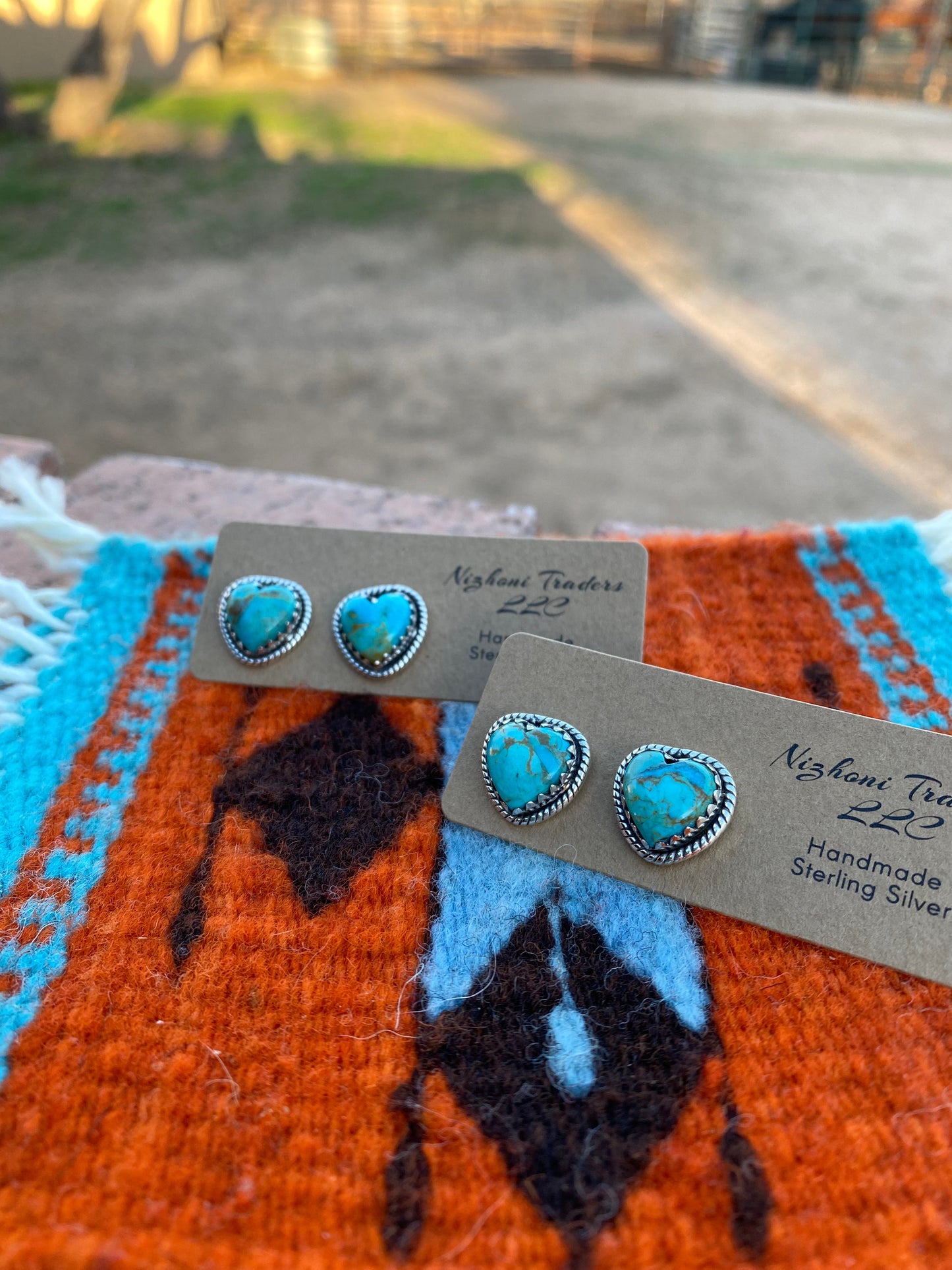 Handmade Royston Turquoise & Sterling Heart Stud Earrings