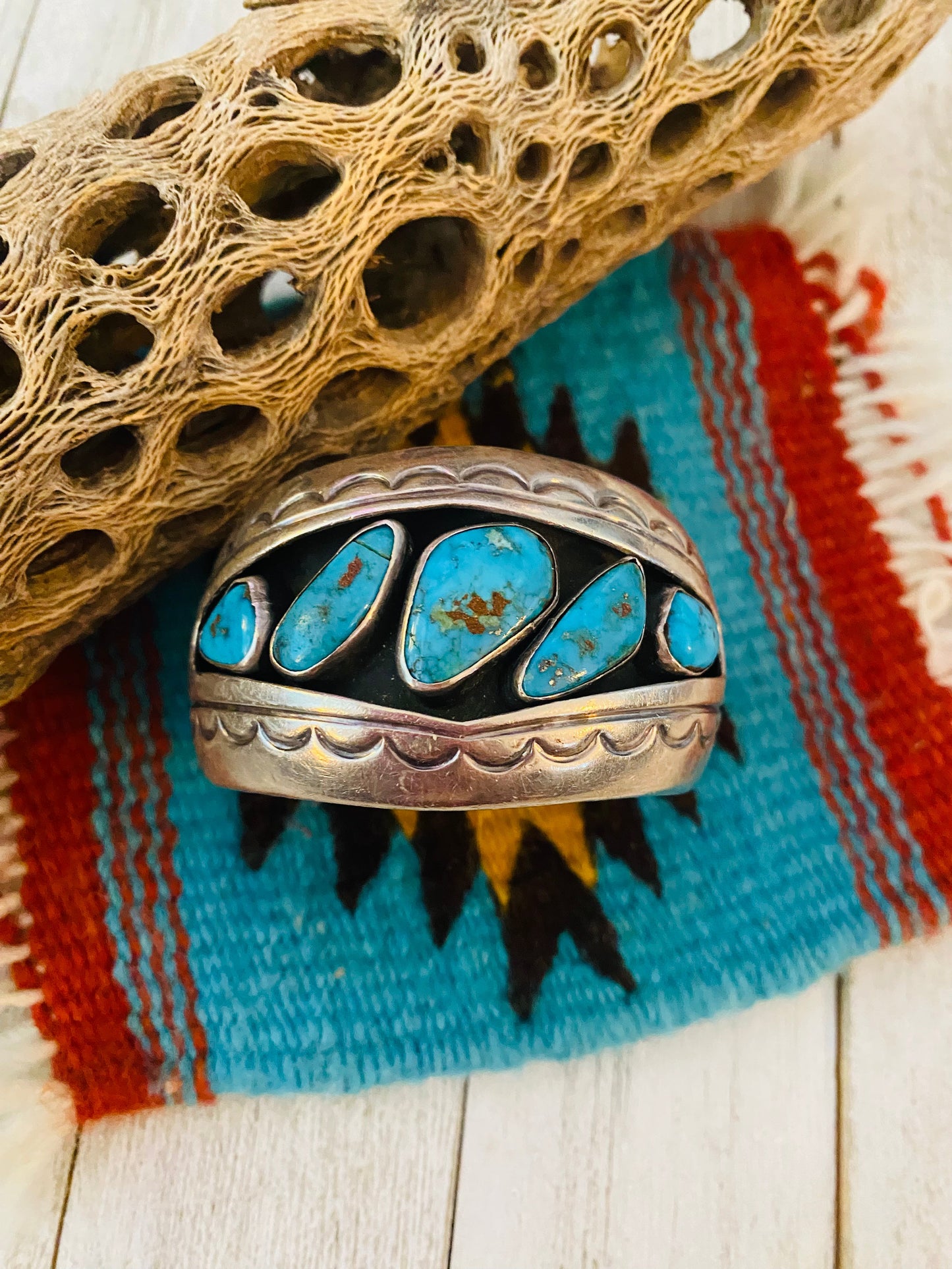 Navajo Old Pawn Vintage Turquoise & Sterling Silver Cuff Bracelet