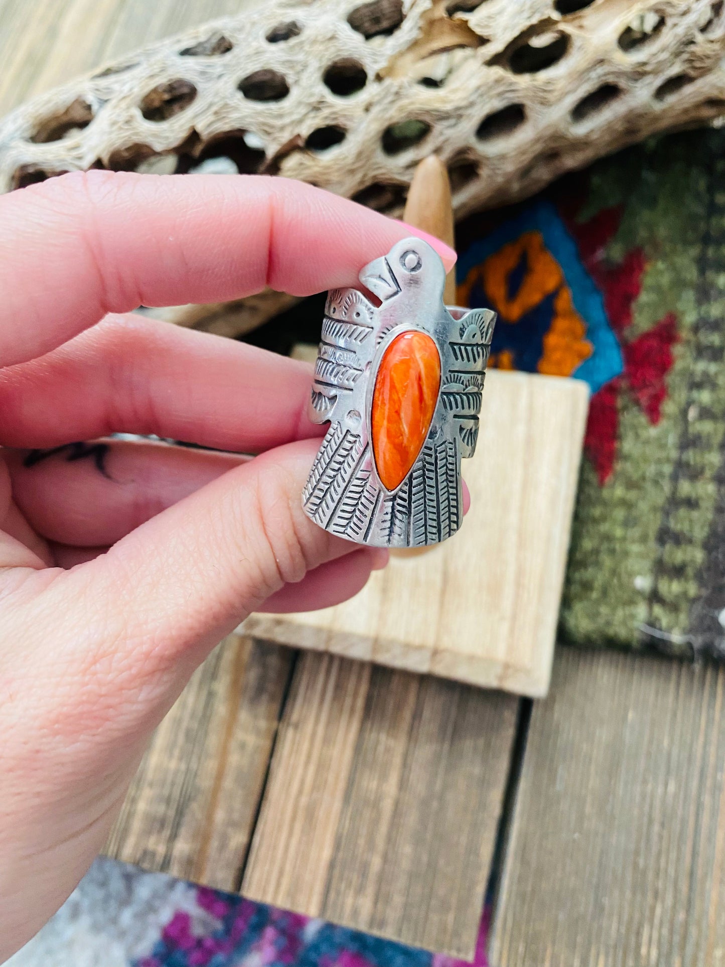 Navajo Sterling Silver & Orange Spiny Thunderbird Ring