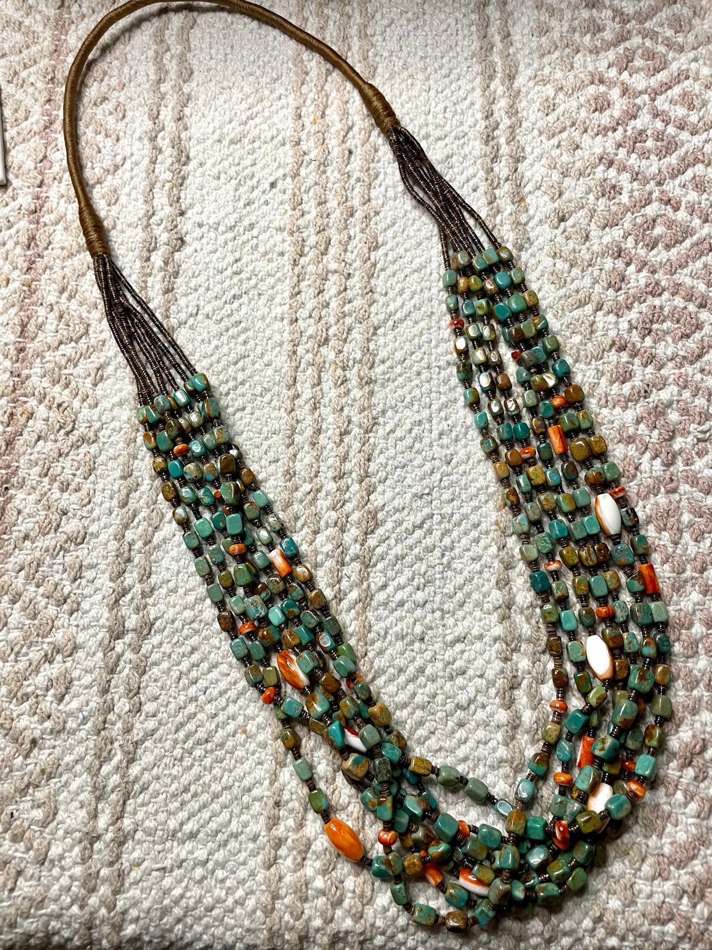 Navajo Turquoise, Spiny And Heishi Seven Strand Beaded Necklace