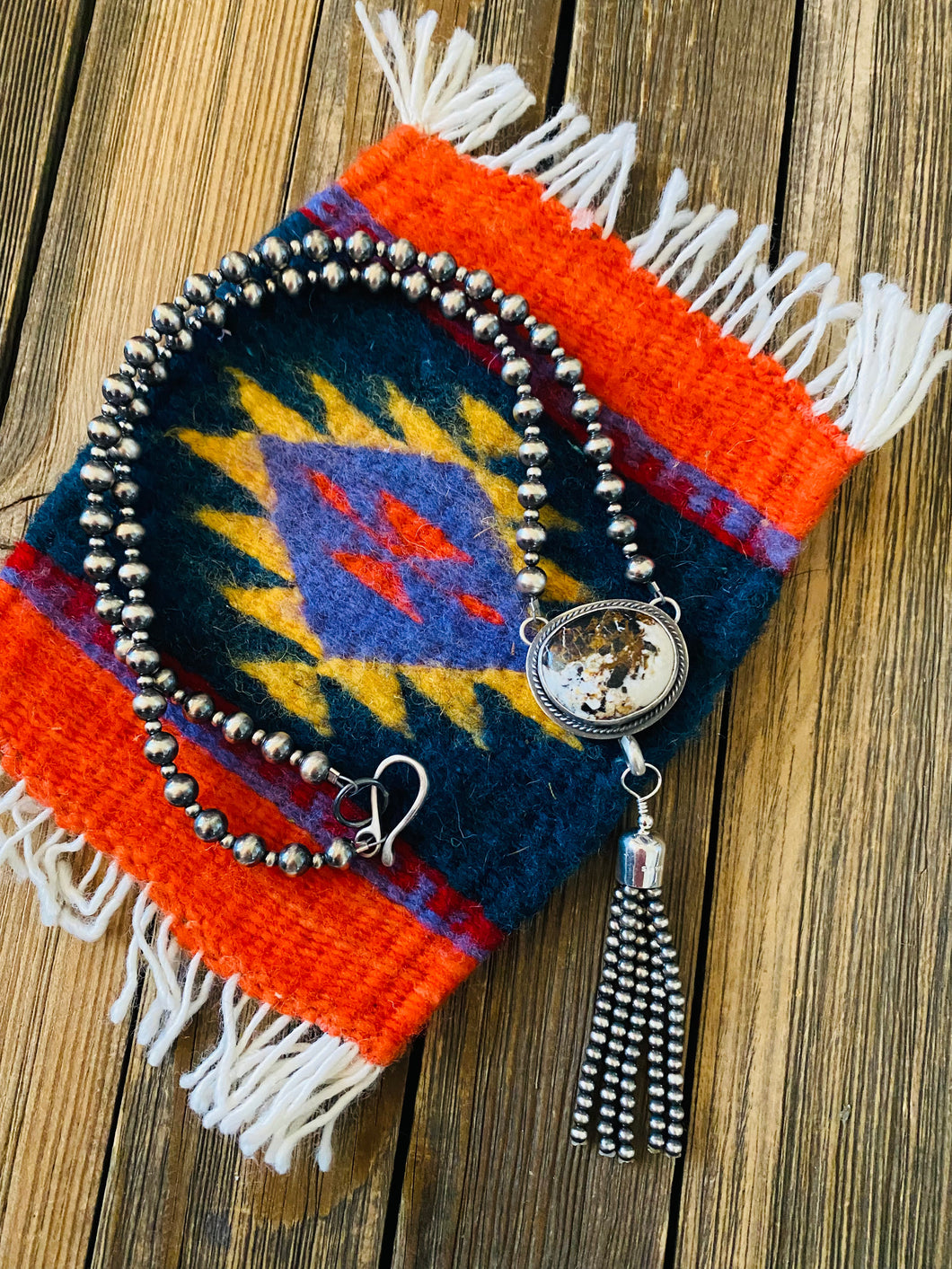 Navajo White Buffalo & Sterling Silver Pearl Beaded Tassel Necklace